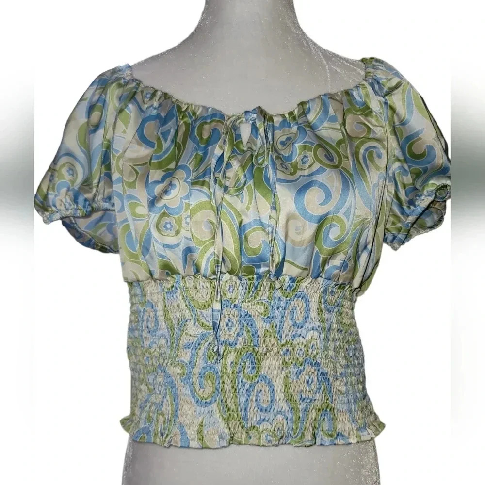 NWT Just Polly Junior's Blue & Green Swirl Peasant Top Size XL